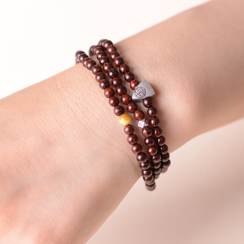 Buddha Stones 925 Sterling Silver Indian Small Leaf Red Sandalwood Fu Character Protection Triple Wrap Bracelet - image 6