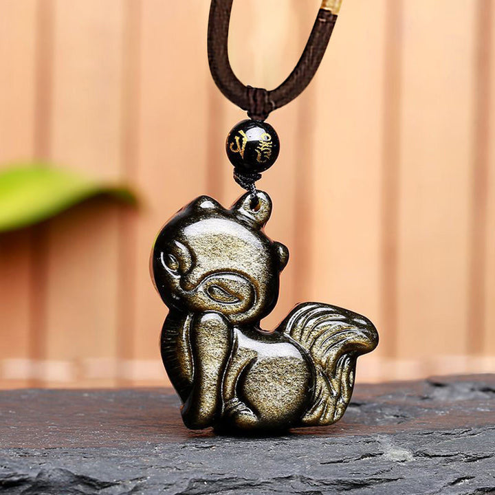 Buddha Stones Natural Rainbow Obsidian Gold Sheen Obsidian Nine Tailed Fox Positive Necklace Pendant - Gold Sheen Obsidian Fox - image 16