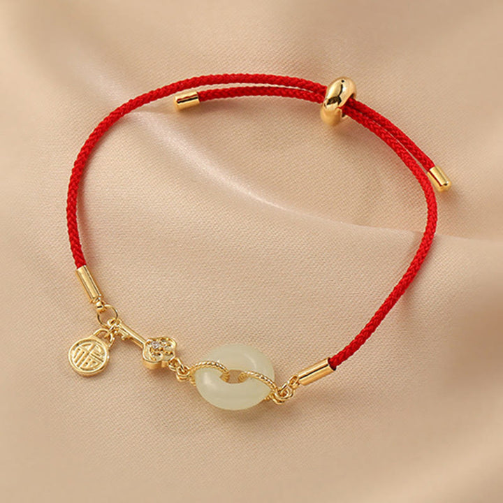 Buddha Stones 18K Gold Plated Hetian Jade Peace Buckle Fu Character Luck Red Rope Bracelet - image 5