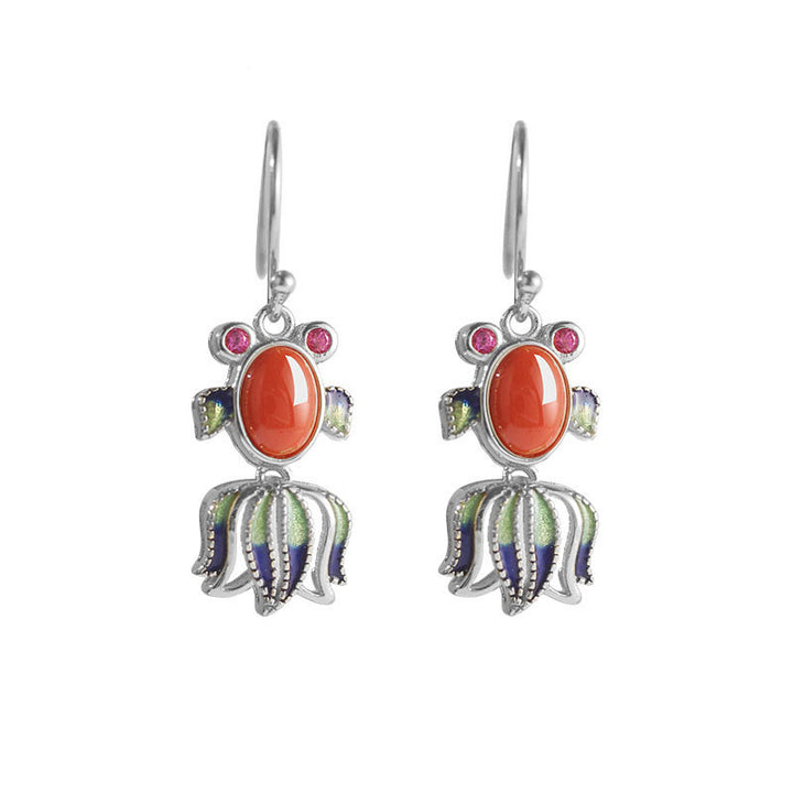 925 Sterling Silver Hetian White Jade Red Agate Cute Fish Happiness Drop Earrings - image 8