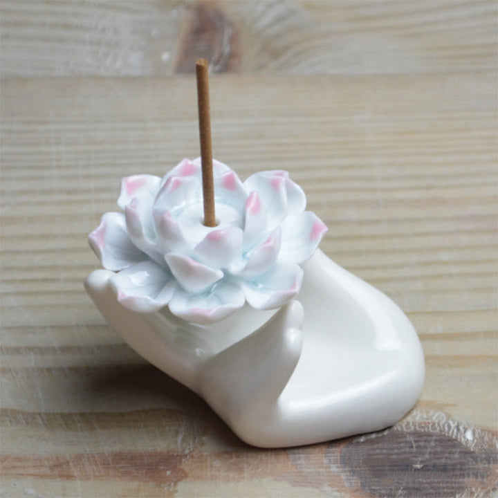Buddha Stones Small Ceramic Lotus Hand Healing Meditation Incense Burner Decoration - image 4