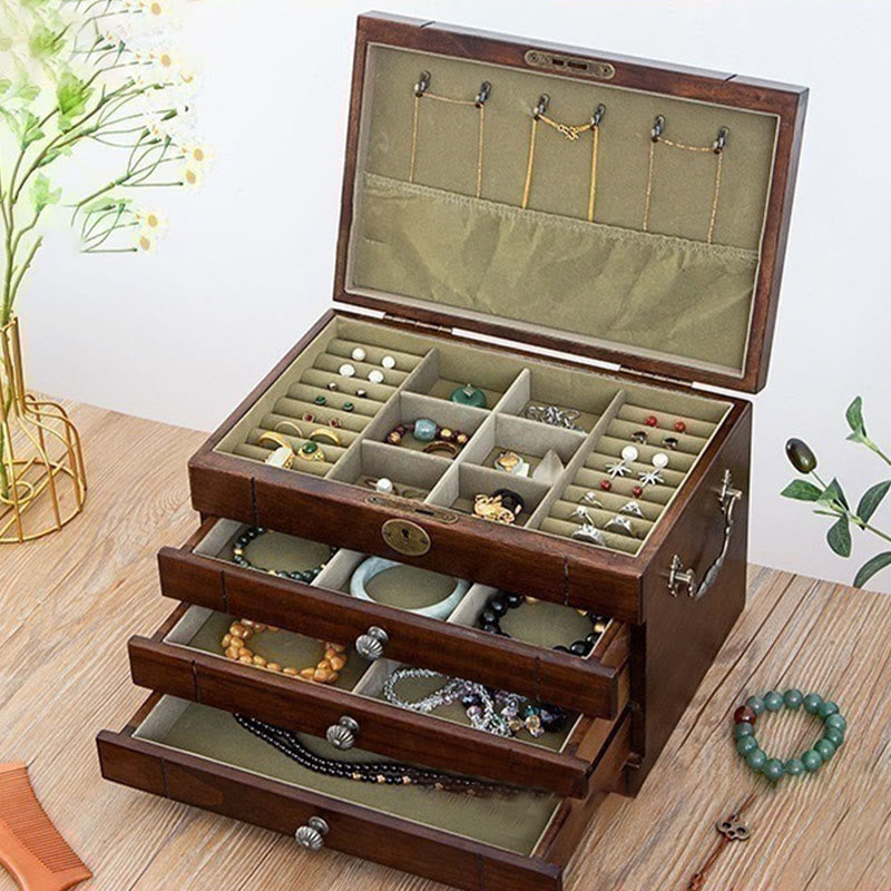 Buddha Stones Retro Solid Wood Jewelry Box Four-Layer Wooden Jewelry Storage Box - 4 Layers Green Velvet 29*19*18.5cm - image 0