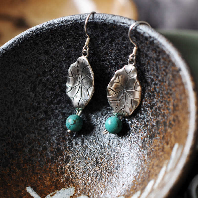 Buddha Stones 925 Sterling Silver Turquoise Lotus Leaf Protection Drop Dangle Earrings - image 7