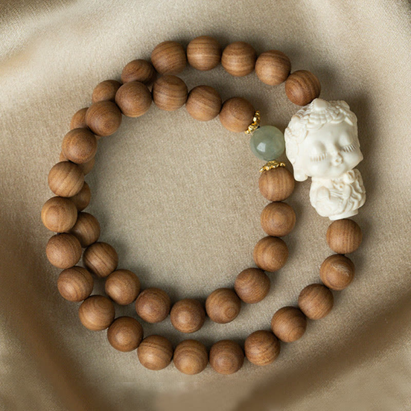 Buddha Stones Sandalwood Hetian Jade Ivory Fruit Green Tara Protection Bracelet - Sandalwood Double Wrap Bracelet - image 3