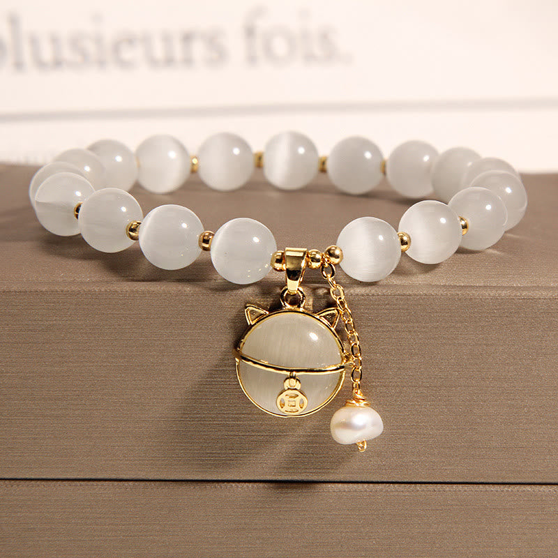 Buddha Stones Cat's Eye Lovely Cat Pattern Pearl Love Charm Bracelet - image 1