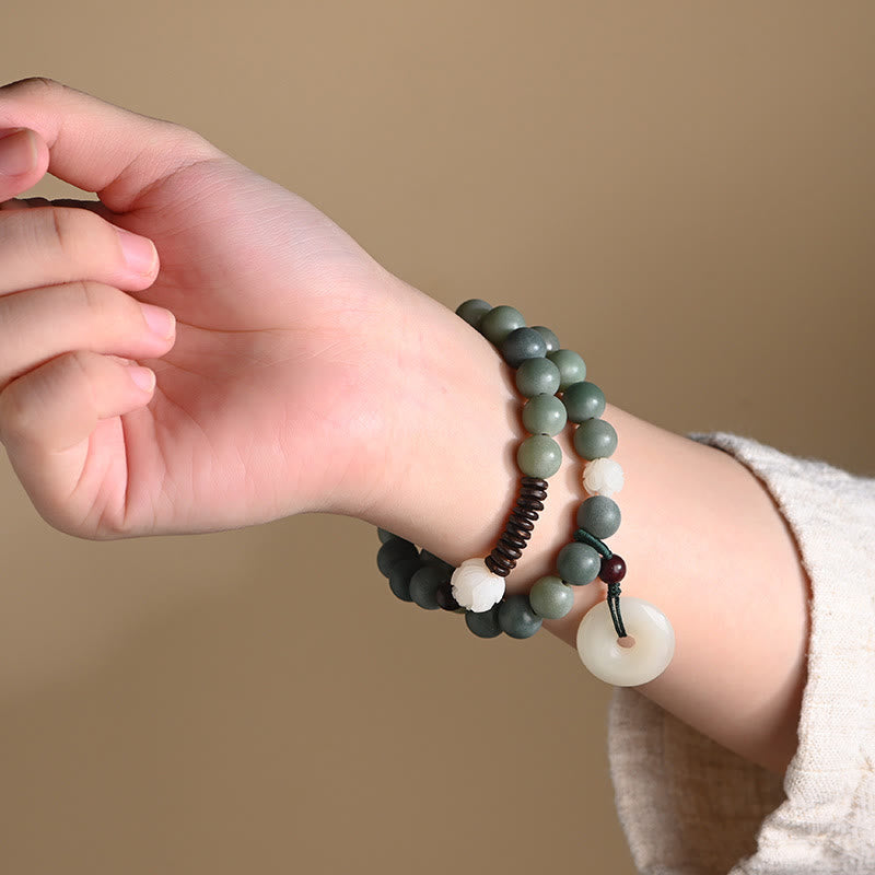 Buddha Stones Cyan Bodhi Seed Lotus Jade Peace Buckle Wisdom Double Wrap Bracelet - image 2