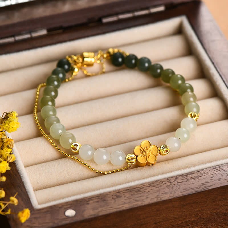 Buddha Stones 925 Sterling Silver Natural Hetian Jade Peach Blossom Luck Chain Bracelet - image 1