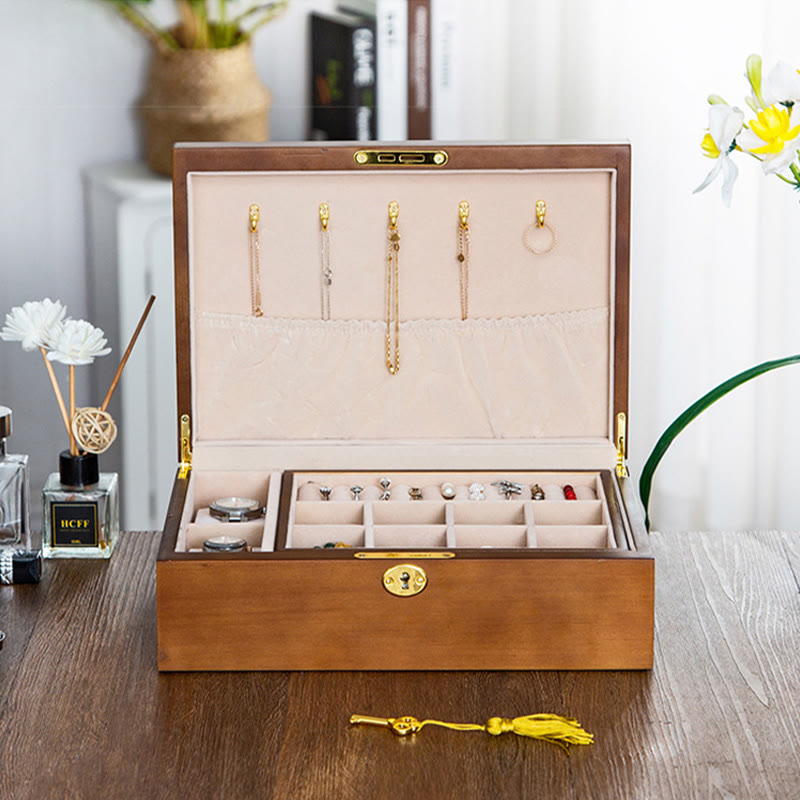 Buddha Stones Vintage Wooden Jewelry Box Two-Layer Solid Wood Jewelry Storage Box - image 2