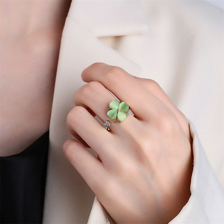 Buddha Stones Cat's Eye Four Leaf Clover Zircon Love Rotatable Ring - image 2