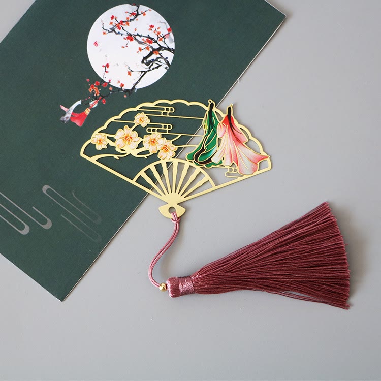 Buddha Stones Traditional Butterfly Lotus Flower Crane Dragon Phoenix Fox Koi Fish New Beginning Metal Brass Hollow Fan Bookmarks - A Couple - image 15