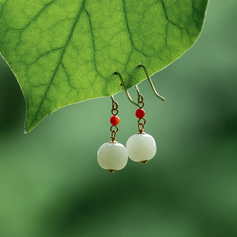 Buddha Stones 925 Sterling Silver 14K Gold Plated Hetian Jade Red Agate Luck Drop Dangle Earrings - image 8
