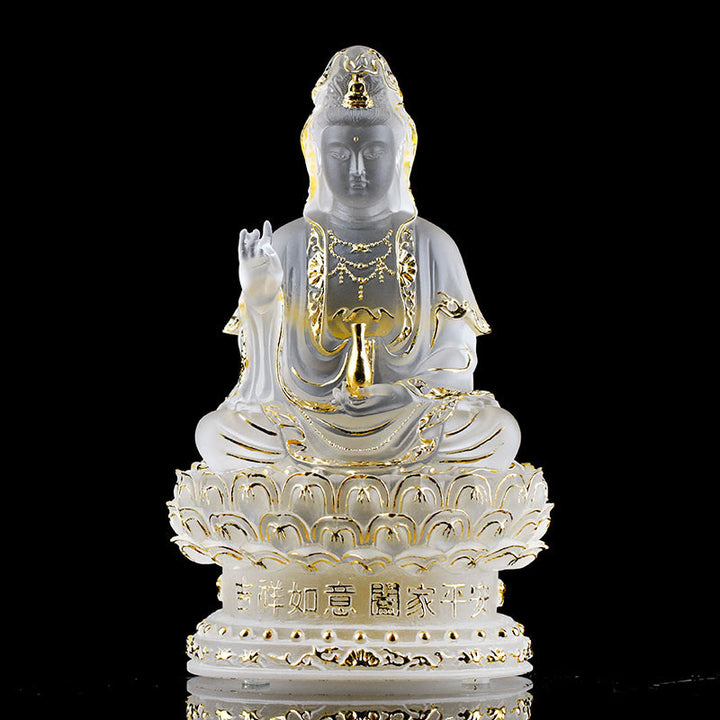 Buddha Stones Kwan Yin Avalokitesvara Handmade Figurine Liuli Crystal Art Piece Wealth Statue Home Offering Decoration - 15.5cm White&Gold - image 8