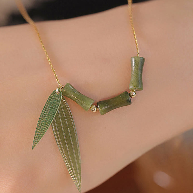Buddha Stones Bamboo Leaf Jade Design Wealth Necklace Pendant - image 3