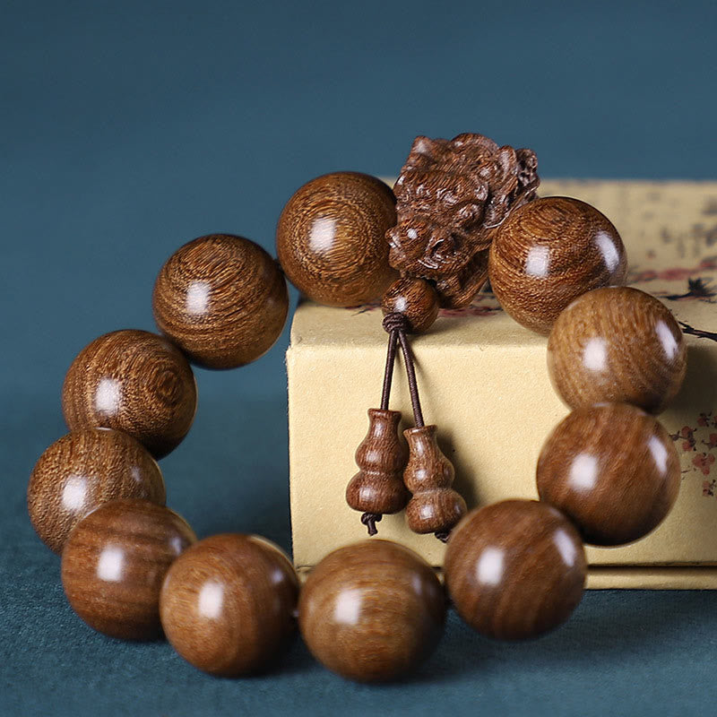 Buddha Stones Rosewood Green Sandalwood Small Leaf Red Sandalwood Dragon Carved Protection Bracelet - Golden Sandalwood - image 18