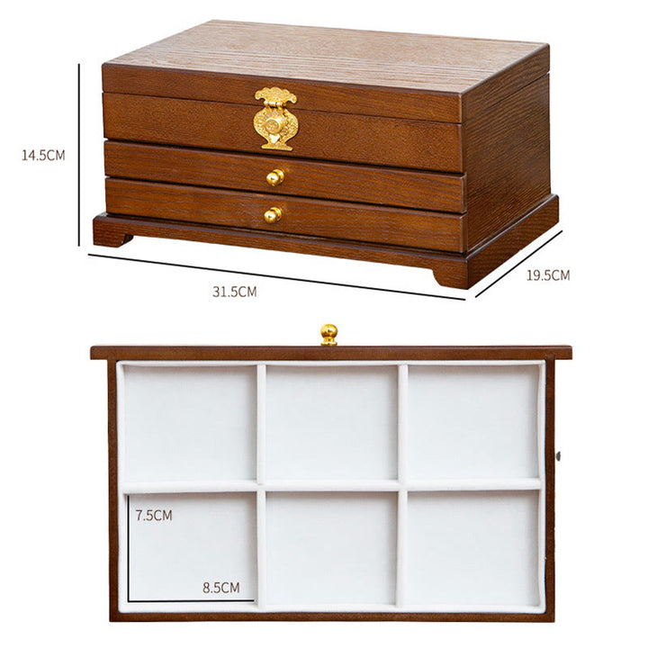 Buddha Stones Retro Wooden Jewelry Box Three-Layer Jewelry Storage Box - image 16