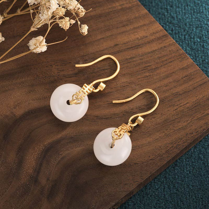 Buddha Stones White Jade Double Happiness Fortune Earrings - image 2