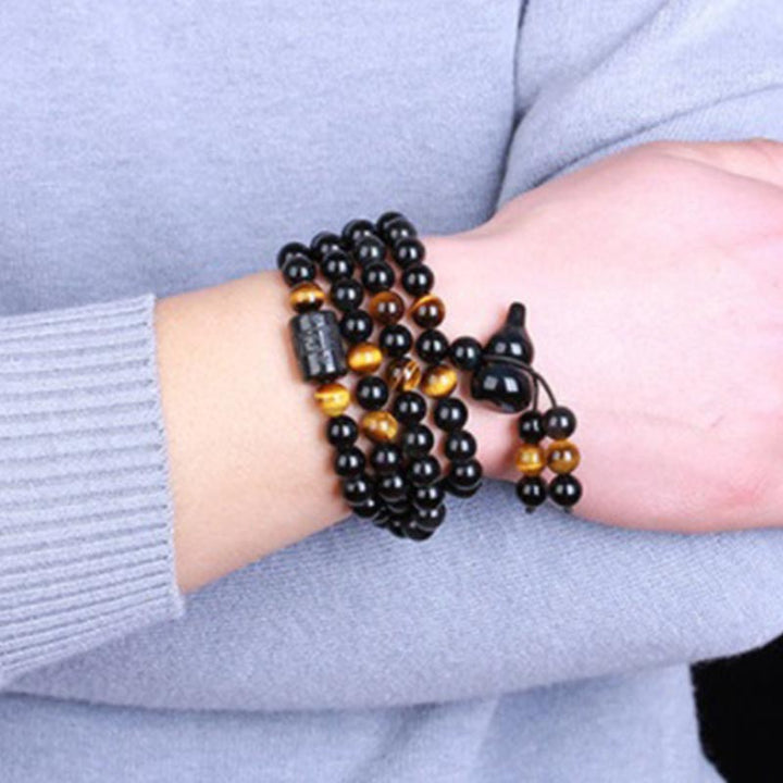 Buddha Stones Natural Black Obsidian Rainbow Obsidian Gourd Blessing Bracelet Mala - image 4