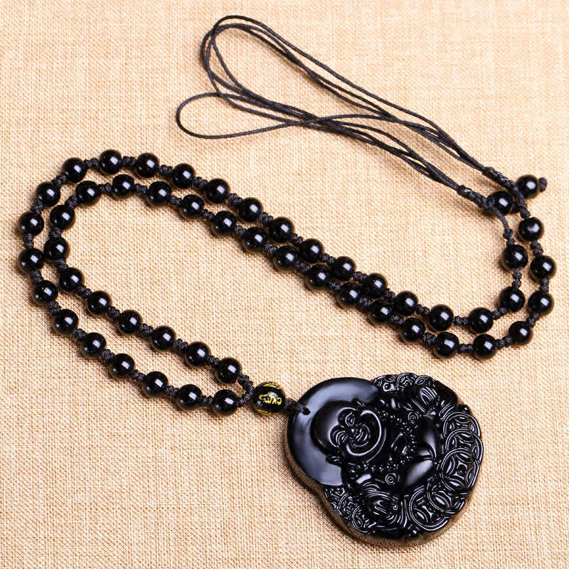 Buddha Stones Laughing Buddha Black Obsidian Strength Protection Pendant Necklace - image 4