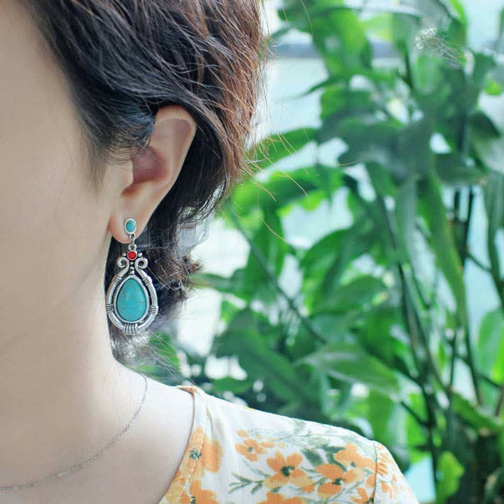 Tibet Vintage Turquoise Waterdrop Strength Drop Dangle Earrings Clips - image 2
