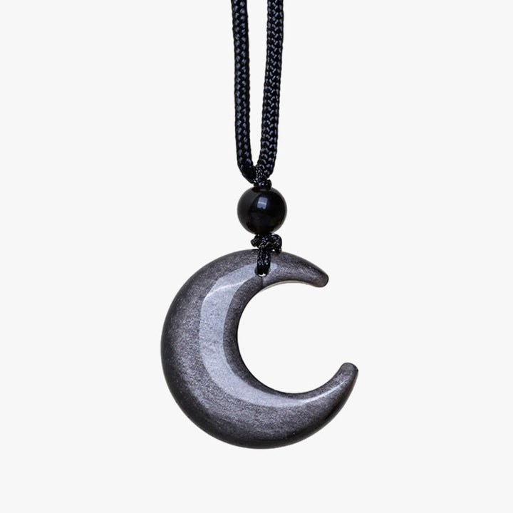 Buddha Stones Natural Silver Sheen Obsidian Selenite Crystal Crescent Moon Yin Yang Couple Protection Necklace Pendant - image 7