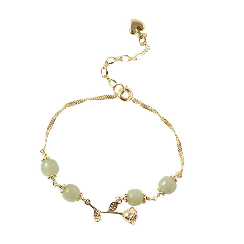 Buddha Stones 14K Gold Plated Hetian Jade Golden Rose Flower Luck Chain Bracelet - image 11