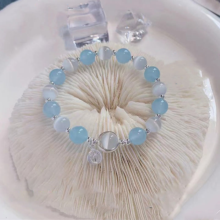 Buddha Stones 925 Sterling Silver Cat's Eye Aquamarine Support Charm Bracelet - image 2