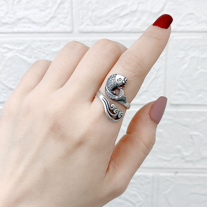 Buddha Stones 925 Sterling Silver Koi Fish Water Ripple Luck Wealth Ring - image 12