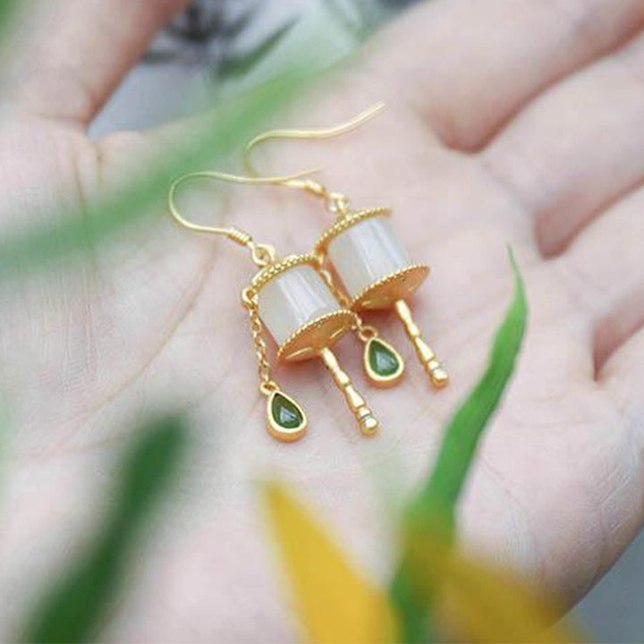 Buddha Stones 925 Sterling Silver Jade Prayer Wheel Luck Drop Earrings - image 2
