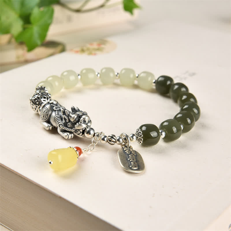 Buddha Stones 925 Sterling Silver Natural Hetian Jade Amber PiXiu Luck Bracelet - image 5