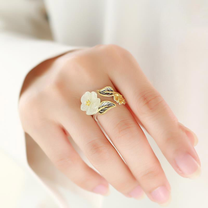 Buddha Stones 925 Silver Plated Copper White Jade Plum Flower Leaf Luck Ring - image 2