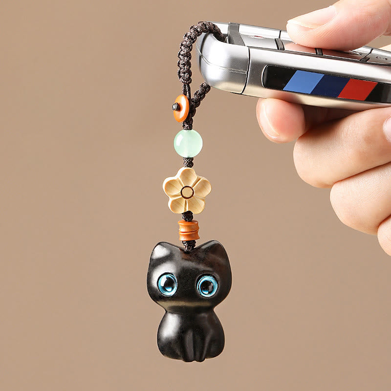 Buddha Stones Mini Small Leaf Red Sandalwood Ebony Wood Lucky Cat Lovely Kitty Peace Key Chain Phone Hanging Decoration - image 3