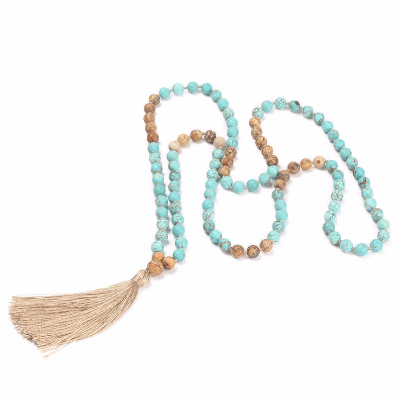 Buddha Stones 108 Mala Beads Turquoise Picture Jasper Wisdom Tassel Bracelet - image 1