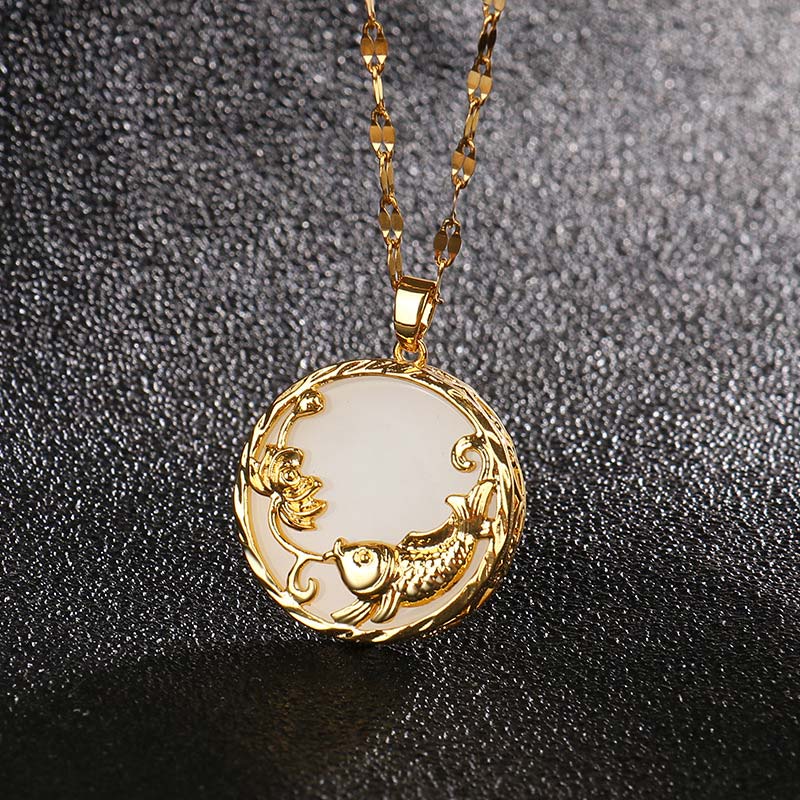 Buddha Stones Natural Jade Koi Fish Lotus Luck Necklace Pendant - White jade - image 5