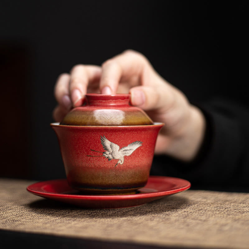 Buddha Stones Red Auspicious Crane Ceramic Gaiwan Sancai Teacup Kung Fu Tea Cup And Saucer With Lid - image 1