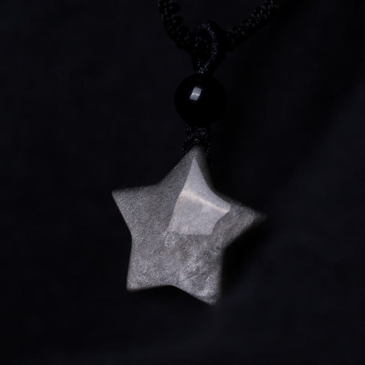 Buddha Stones Natural Silver Sheen Obsidian Star Crescent Moon Protection Necklace Pendant - image 4