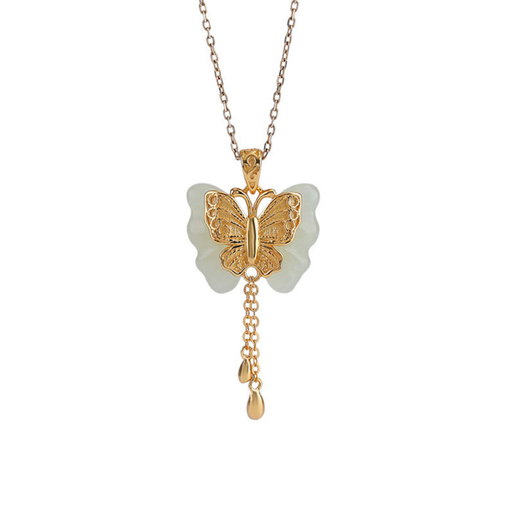Buddha Stones 925 Sterling Silver Plated Gold Hetian White Jade Butterfly Blessing Necklace Pendant - image 6