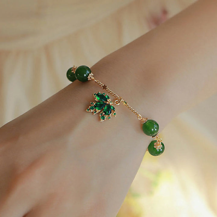 Buddha Stones 14k Gold Plated Green Chalcedony Maple Leaf Courage Strength Bracelet - image 5
