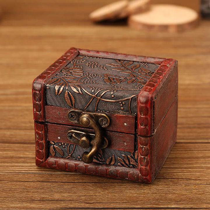 Buddha Stones Retro Small Square Wood Jewelry Box Lotus Grass Flower Grape Copper Coin Daffodil Jewelry Storage Box - Grape 8*6.5*6cm - image 13