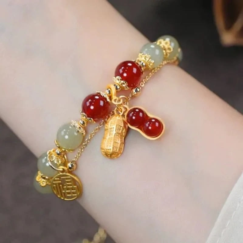 Buddha Stones Jade Leaf Ginkgo Tulip Peanut Fu Character Luck Beaded Bracelet - image 17