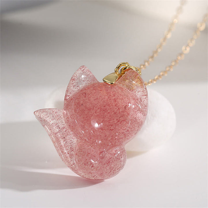 Buddha Stones 14k Gold Plated 925 Sterling Silver Strawberry Quartz Fox Healing Necklace Pendant - image 2
