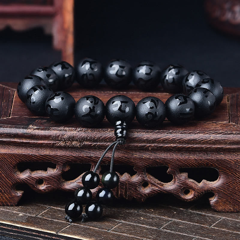 Buddha Stones Tibet White Crystal Black Onyx Om Mani Padme Hum Meditation Bracelet - Black Onyx(Synthetic)(Protection♥Fortune) - 14mm - image 6