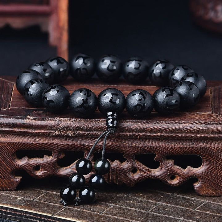 Buddha Stones Tibet White Crystal Black Onyx Om Mani Padme Hum Meditation Bracelet - Black Onyx(Synthetic)(Protection♥Fortune) - 14mm - image 6