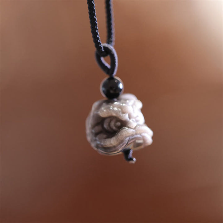 Buddha Stones Natural Silver Sheen Obsidian Dancing Lion Protection Necklace Pendant - image 3