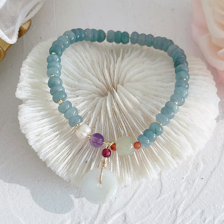 Buddha Stones Natural Hetian Jade Pearl Peace Buckle Fu Character Gourd Money Bag Strawberry Quartz PiXiu Luck Bracelet - Hetian Jade Peace Buckle - image 9