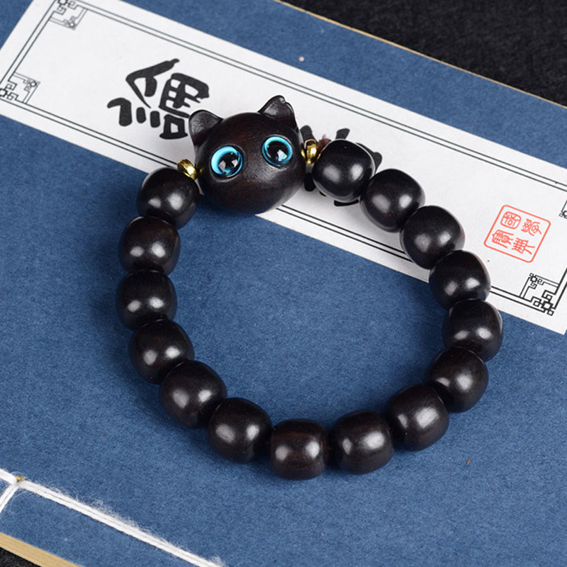 Buddha Stones Ebony Wood Green Sandalwood Red Sandalwood Lovely Cat Balance Bracelet - Ebony Cat 12mm*15 Beads(Wrist Circumference 14-16cm) - image 0