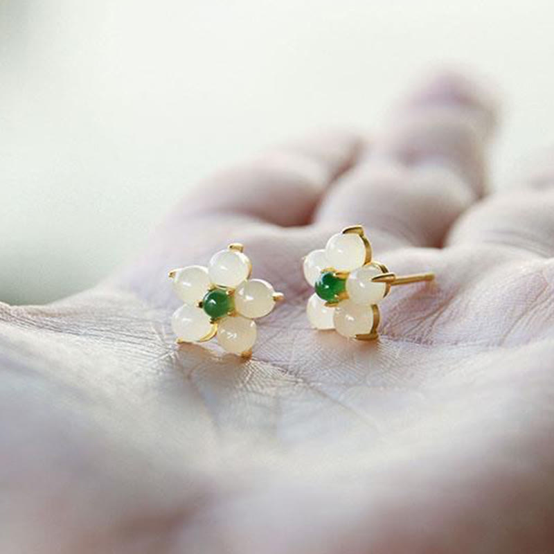 Buddha Stones White Jade Flower Luck Blessing Stud Earrings - image 5