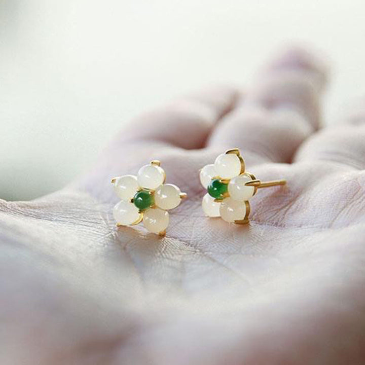 Buddha Stones White Jade Flower Luck Blessing Stud Earrings - image 5