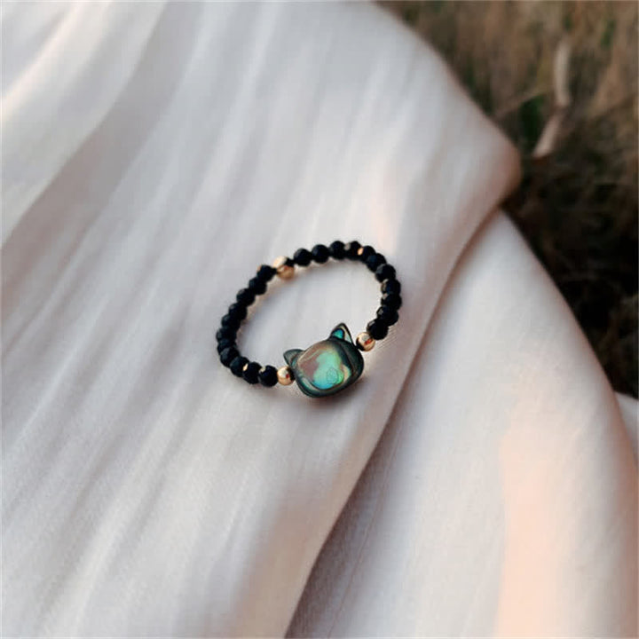 Buddha Stones Natural Tridacna Stone Lovely Cat 14K Gold Blessing Ring - image 8