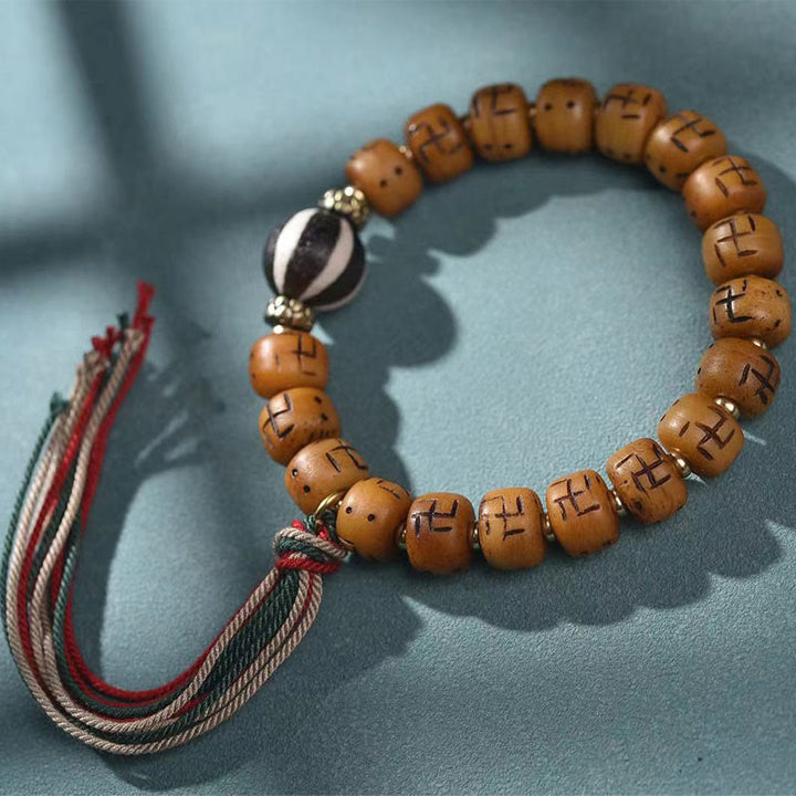 Buddha Stones Natural Tibetan Camel Bone Swastika Dzi Bead Shankha Buddha Charm Kirtimukha Luck Protection Tassel Bracelet - Camel Bone&Black White Bead(Wrist Circumference 15-16cm) - image 9