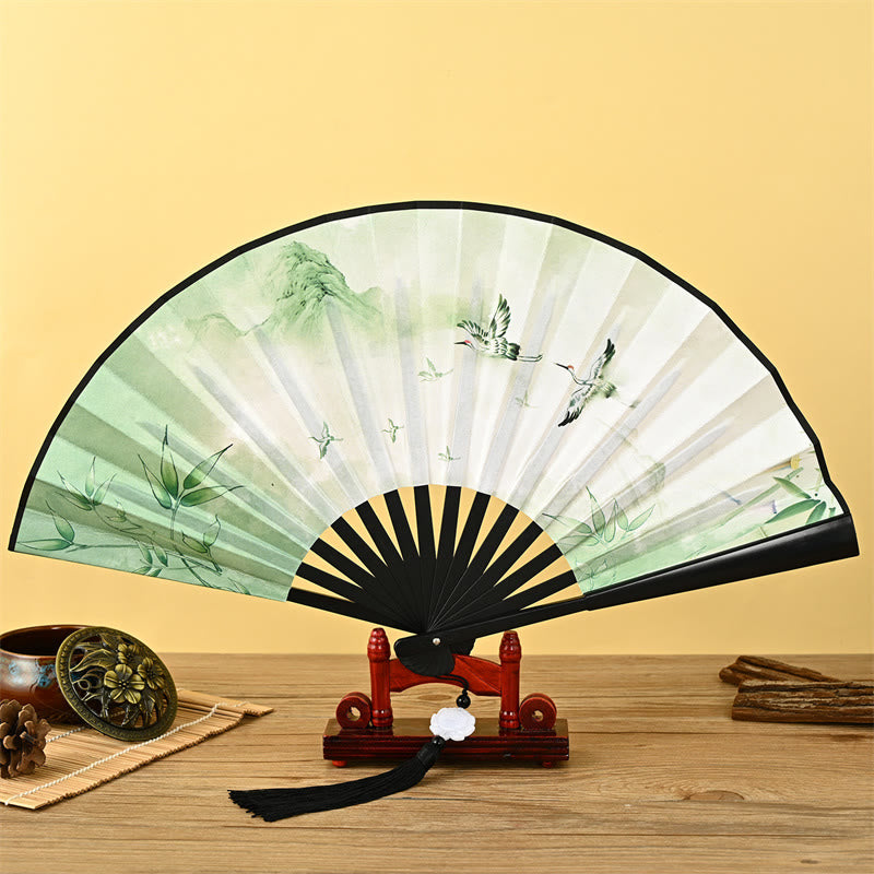 Buddha Stones Vintage Phoenix Nine Tailed Fox Flower Bamboo Tiger Handheld Folding Fan Lotus Tassel Fan - Bamboo and Crane - image 10